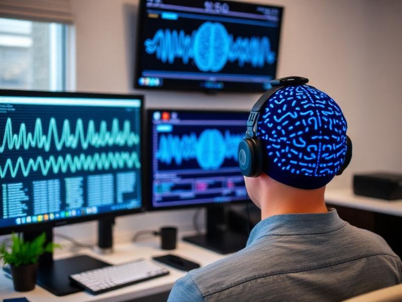 Neurofeedback brain training session with EEG brainwave monitoring in clinical setting