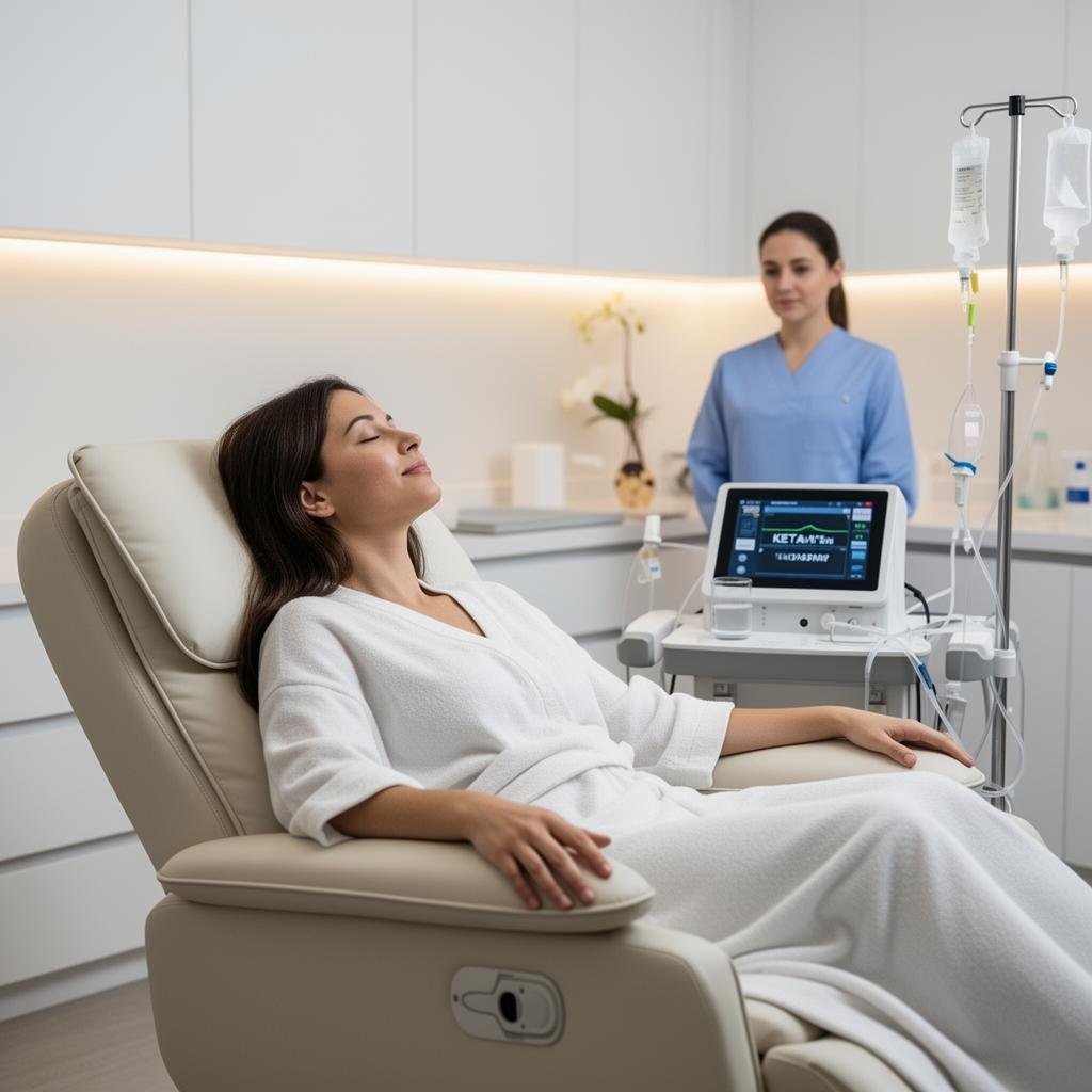 Patient receiving comfortable ketamine therapy in a modern clinic setting