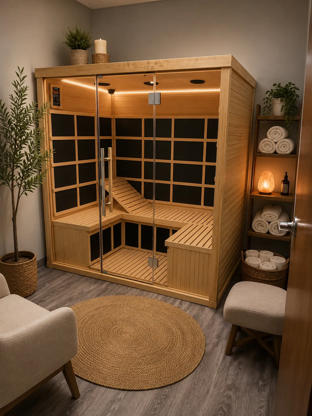 Infrared sauna therapy cabin with warm amber glow